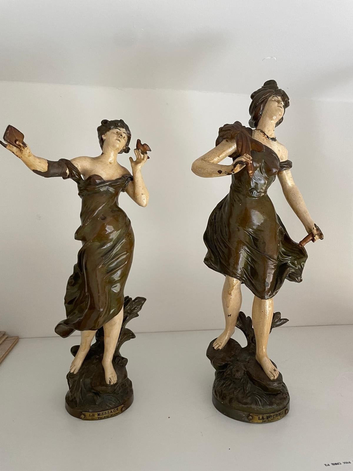 Antieke beelden van Aug. Moreau, Gepatineerd, Ophalen of Verzenden, Brons, 20 - 50 cm