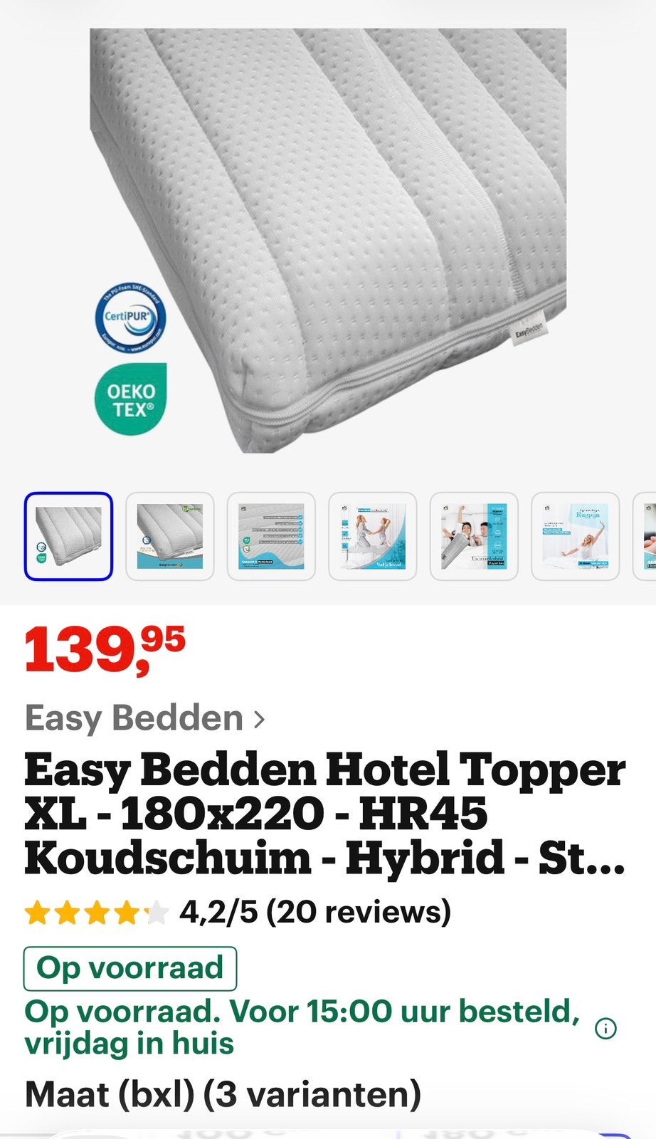 Easy Bedden nieuwe topper 180x220 cm, Huis en Inrichting, Slaapkamer | Matrassen en Bedbodems, Ophalen, Zo goed als nieuw, Tweepersoons