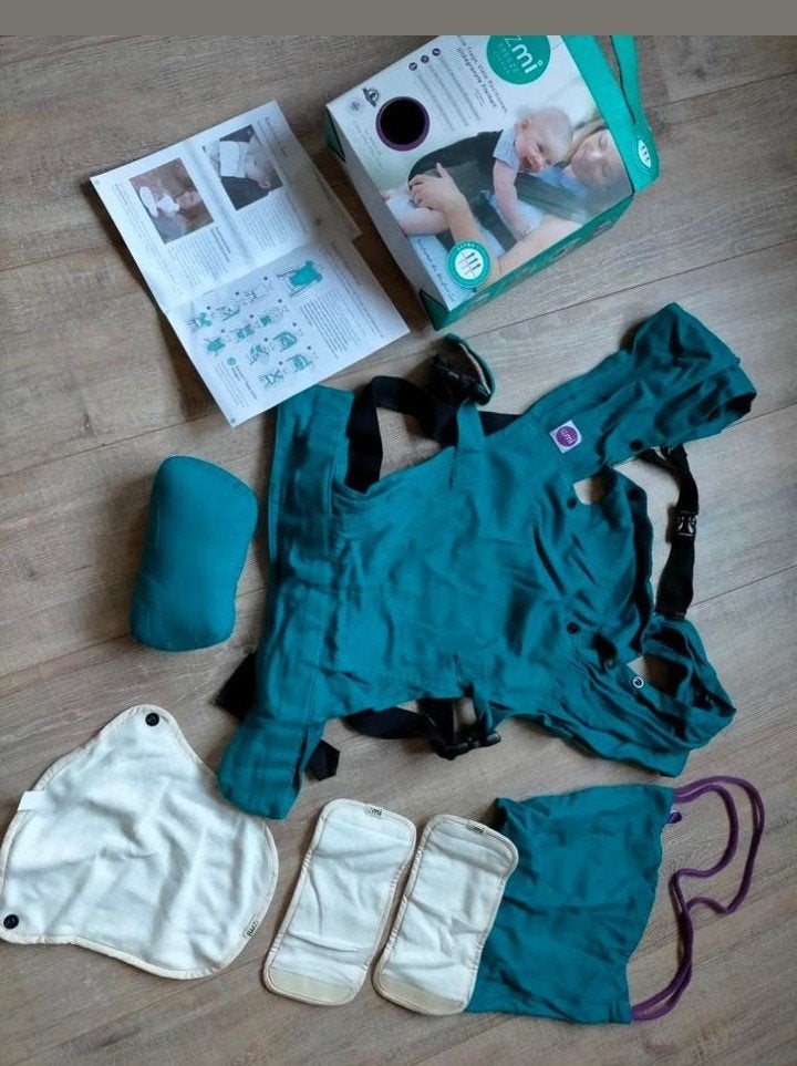Blauw/Groene Izmi baby carrier lichtgewicht 3.2-15 kg, Ophalen of Verzenden, Rug, Draagzak, Overige merken