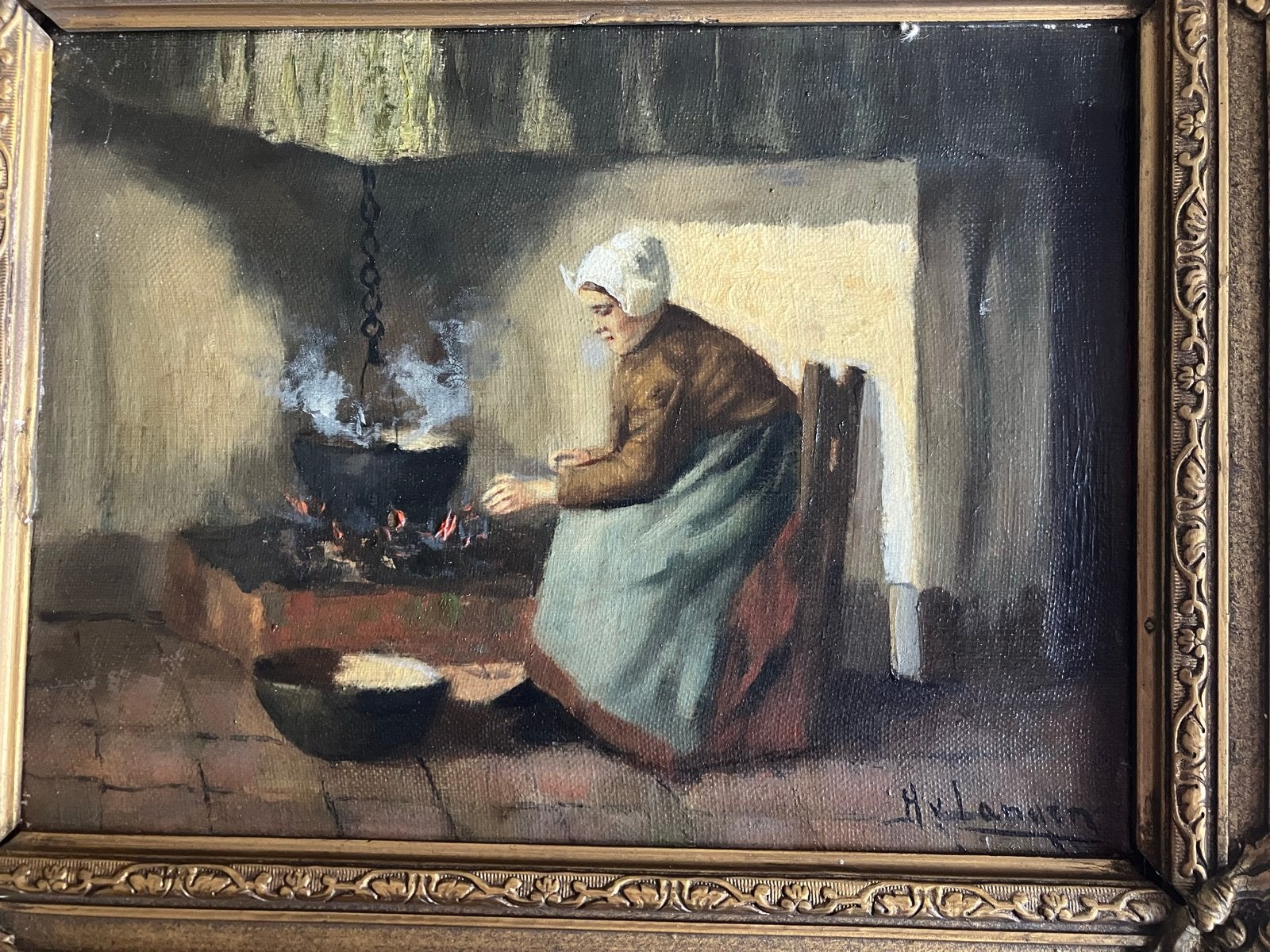 Oud Hollands Tafereel: Vrouw bij Open Haard, Ophalen