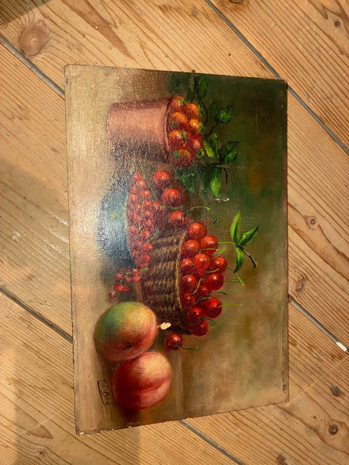 Stilleven met fruit - Olieverf op paneel gesigneerd, Paneel, Stilleven, Ophalen of Verzenden, Gesigneerd