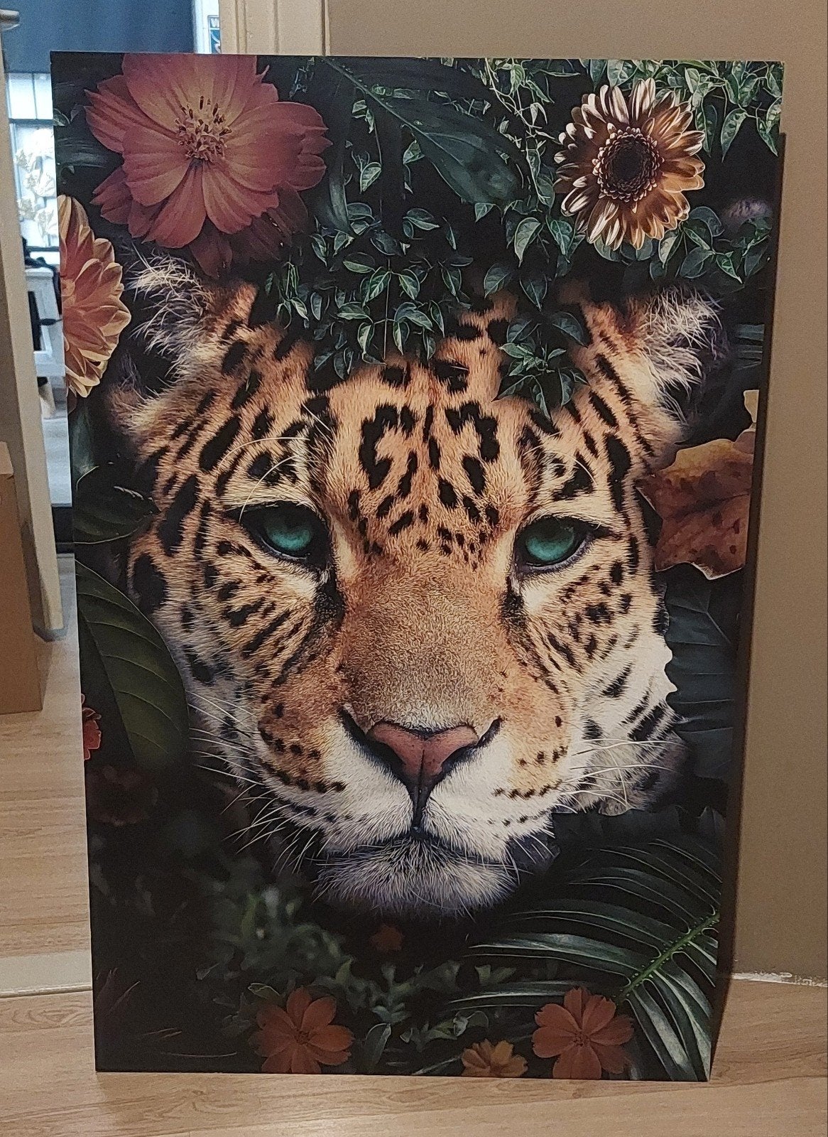 Reinders MDF lijst Cheetah met bloemen, Ophalen, Zo goed als nieuw, Schilderij, 75 – 100