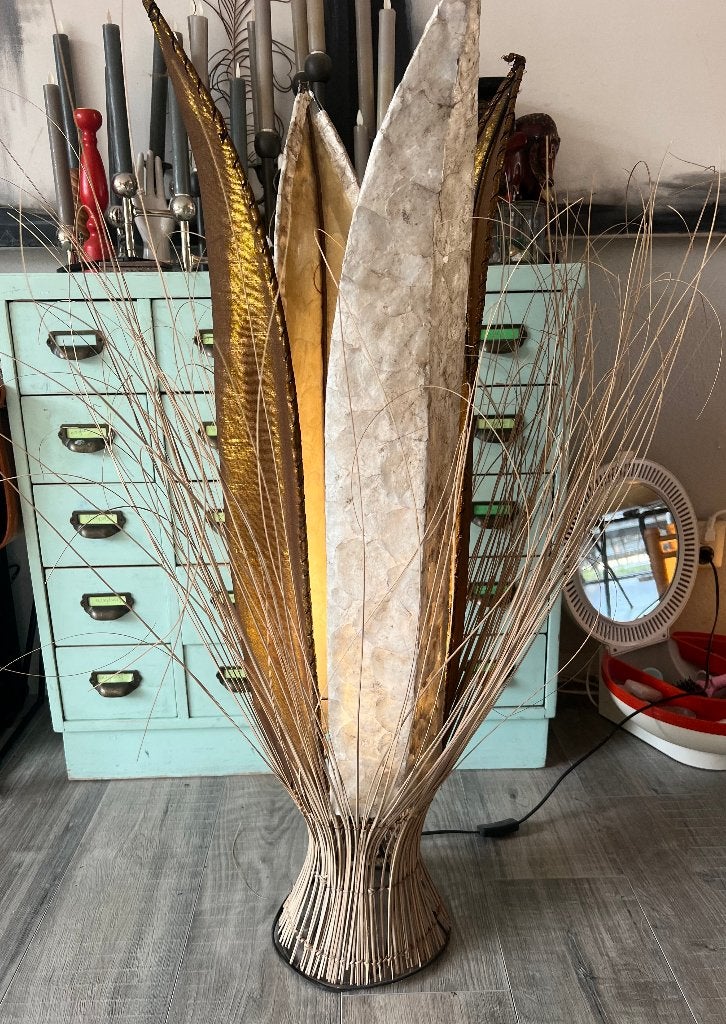Vintage Capiz schelpen stoffen etnische Ibiza vloerlamp tulp, Vintage bohemian boho, Gebruikt, Overige materialen, Ophalen of Verzenden
