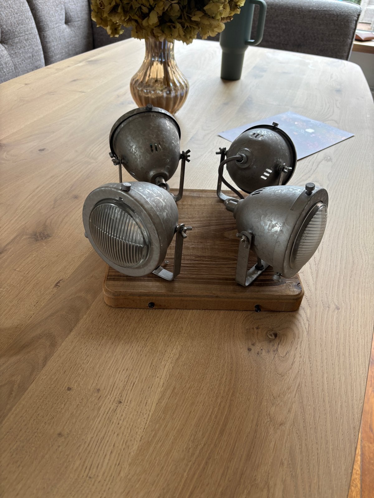 Vintage industriële spotlampen op houten balk, Overige merken, Gebruikt, Industrieel, Overige fittingen