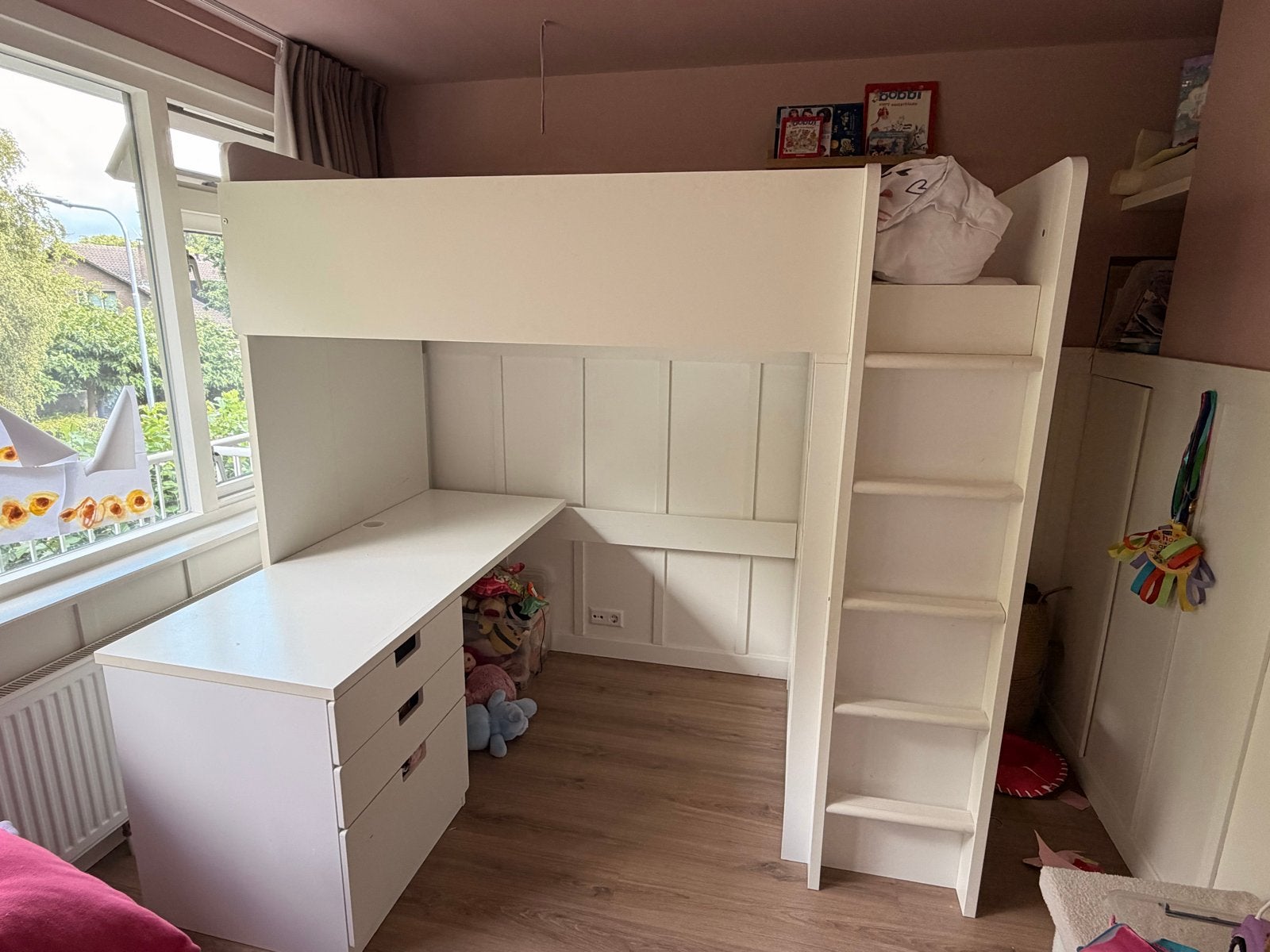 Witte hoogslaper met bureau en opbergruimte, Ophalen, Gebruikt, Eenpersoons, 200 cm