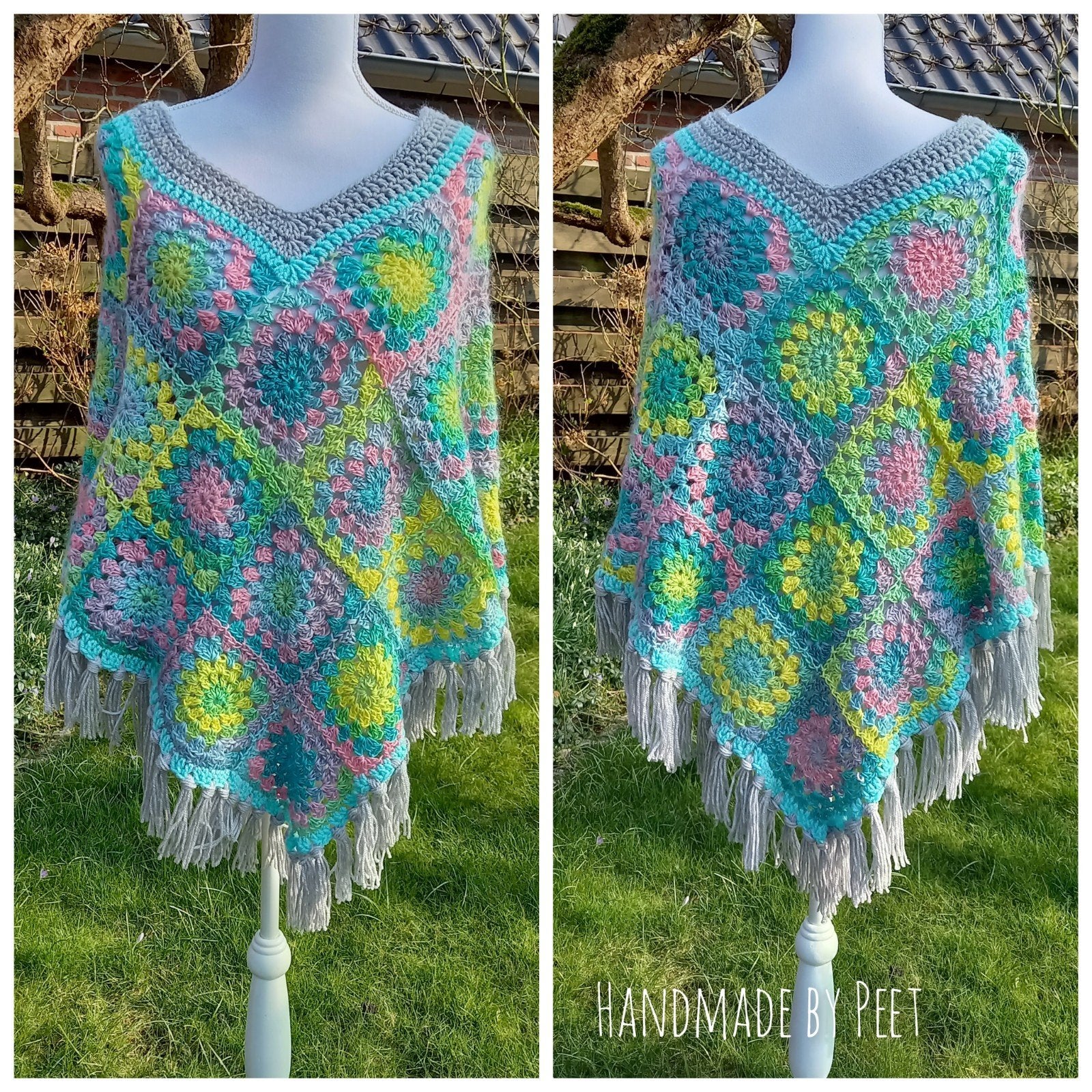 Handgemaakte gehaakte poncho met franjes, Maat 38/40 (M), Overige kleuren, Nieuw, Ophalen of Verzenden