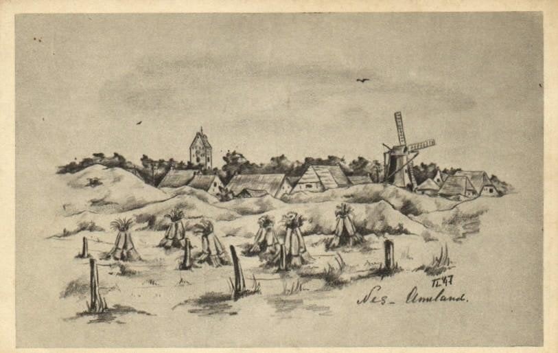 Nes - Ameland - getekend dorpsgezicht - 1952 gelopen, Ophalen of Verzenden, 1940 tot 1960, Gelopen, Friesland