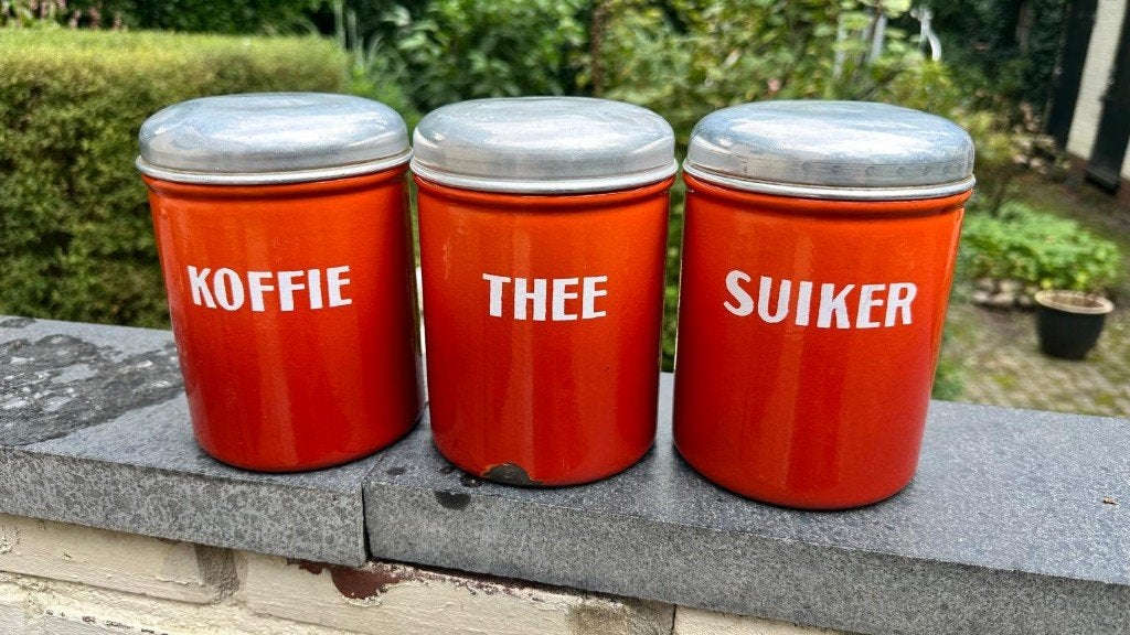 Emaille voorraad bussen blikken koffie thee suiker oranje, Ophalen