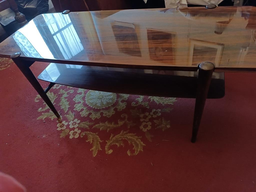 Vintage salontafel met glazen blad en extra plank, Gebruikt, 100 tot 150 cm, Glas, Vintage / Klassiek