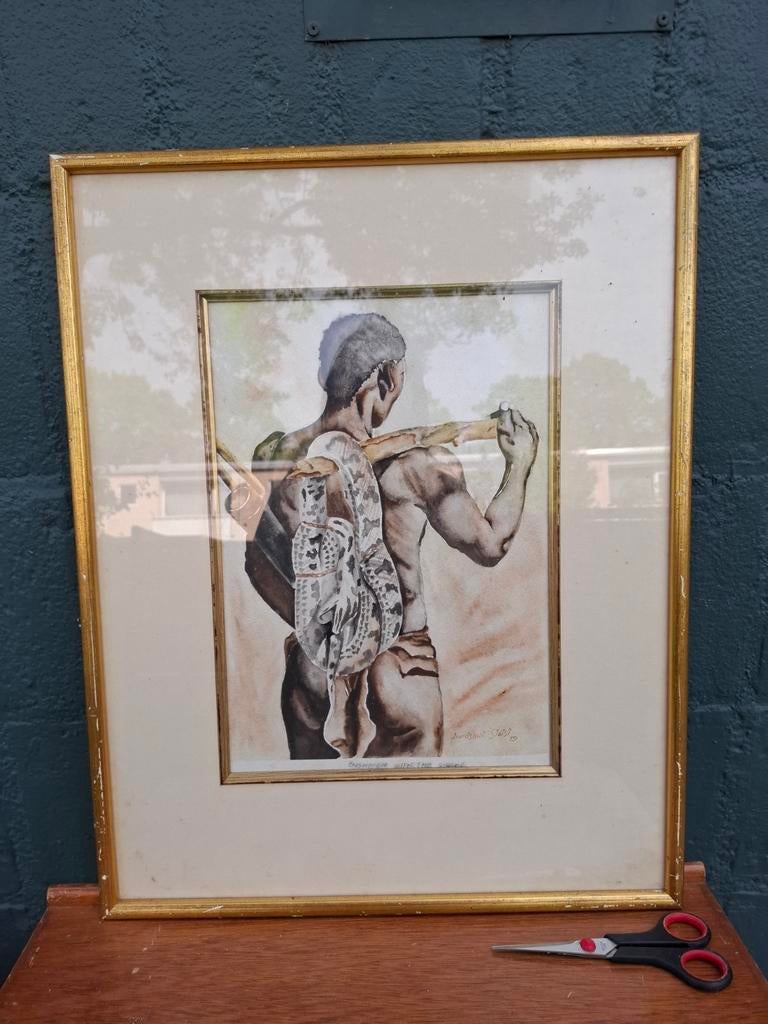 Aquarel ‘Bushmen with the Snake’ gesigneerd 1989 – Ingelijst, Antiek en Kunst, Ophalen
