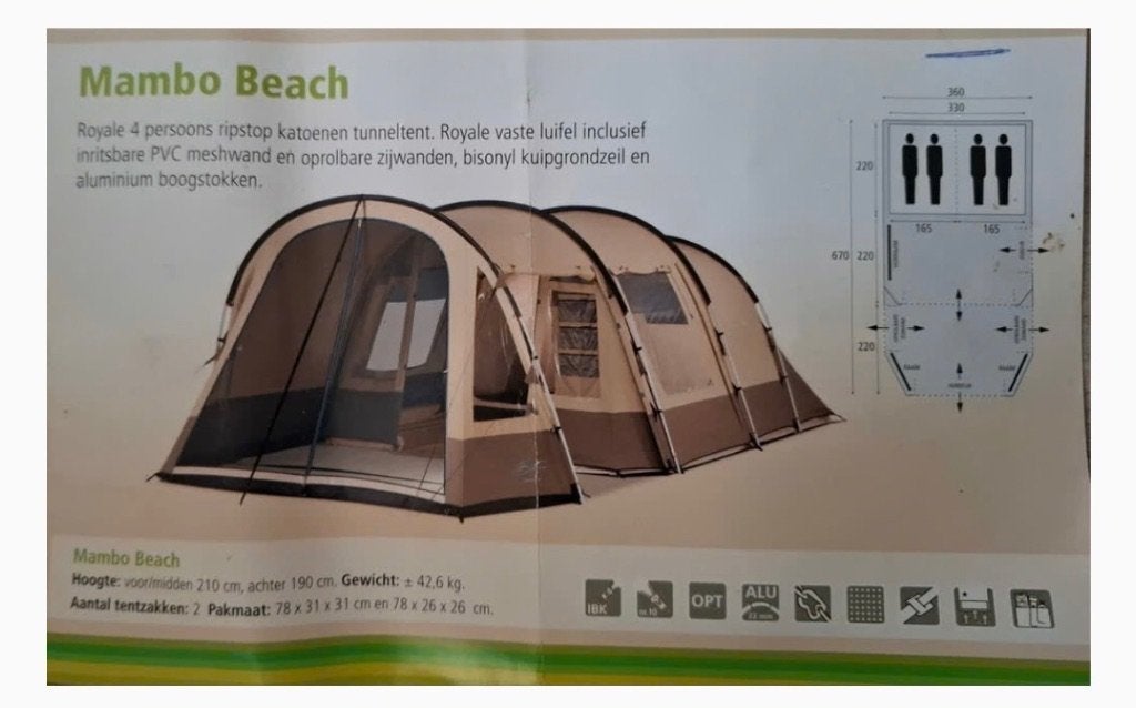 Bardani Mambo beach 4 persoons tunneltent, Ophalen, Zo goed als nieuw, Tot en met 4