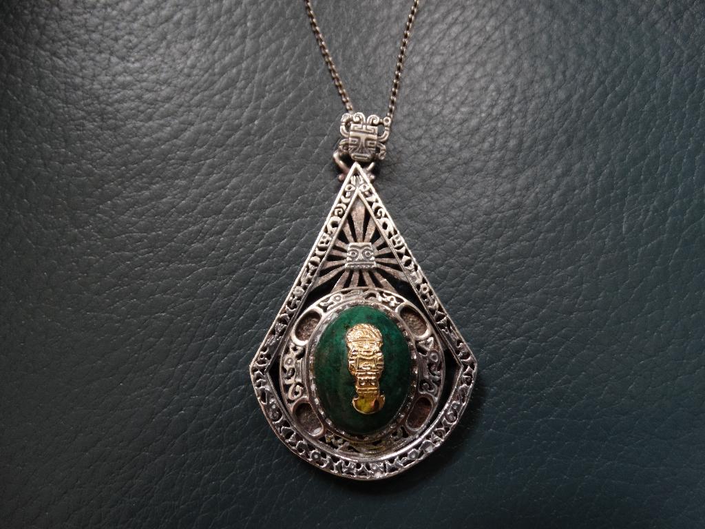 Antieke kettinghanger Peru, zilver goud, malachiet/turkoois, Verzenden, Zilver, Hanger, Met edelsteen