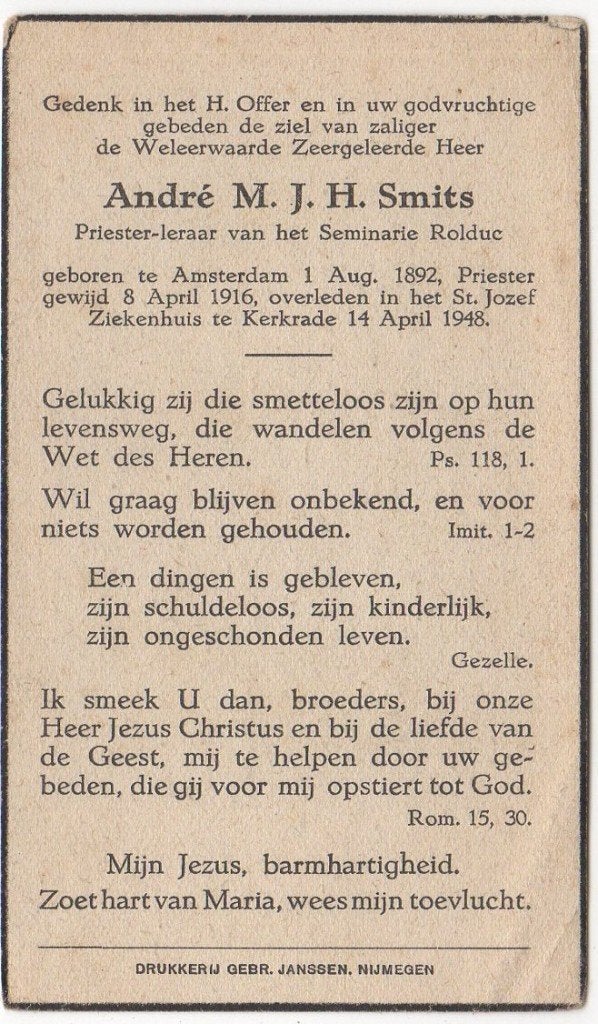 Rolduc priester André Smits 1892 Amsterdam + 1948 Kerkrade, Verzenden