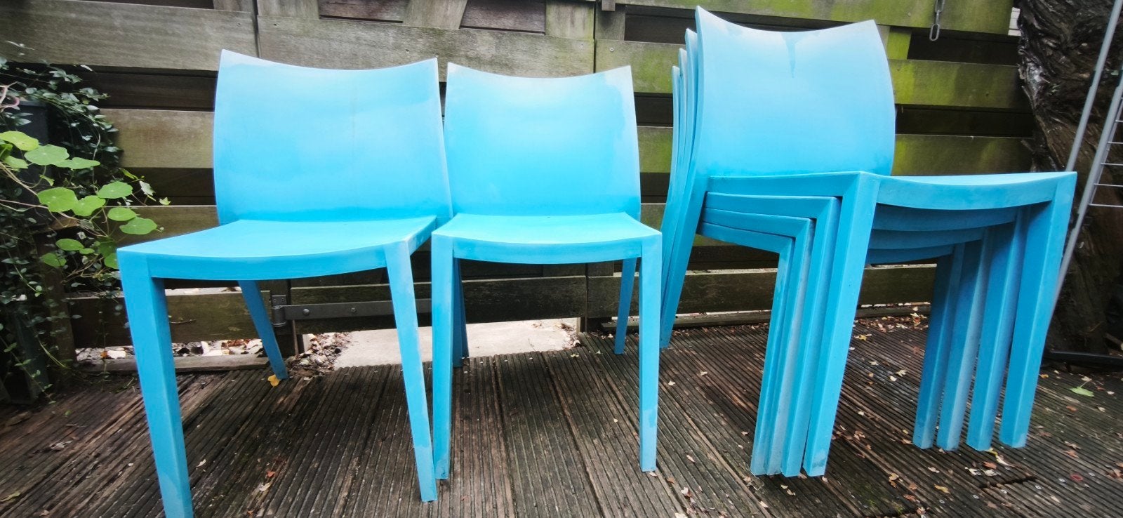 Blauwe kunststof tuinstoelen (6 stuks) prijs per stuk, Ophalen, Gebruikt, Kunststof, Stapelbaar