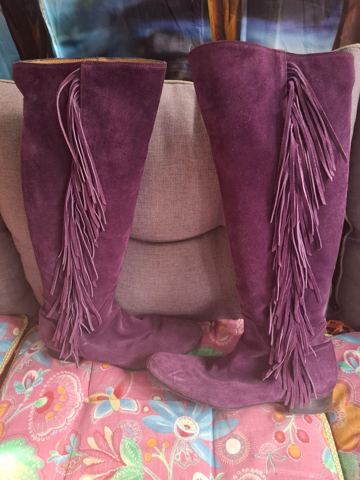 Paarse suède laarzen met franjes - Maat 41, Kleding | Dames, Schoenen, Ophalen of Verzenden