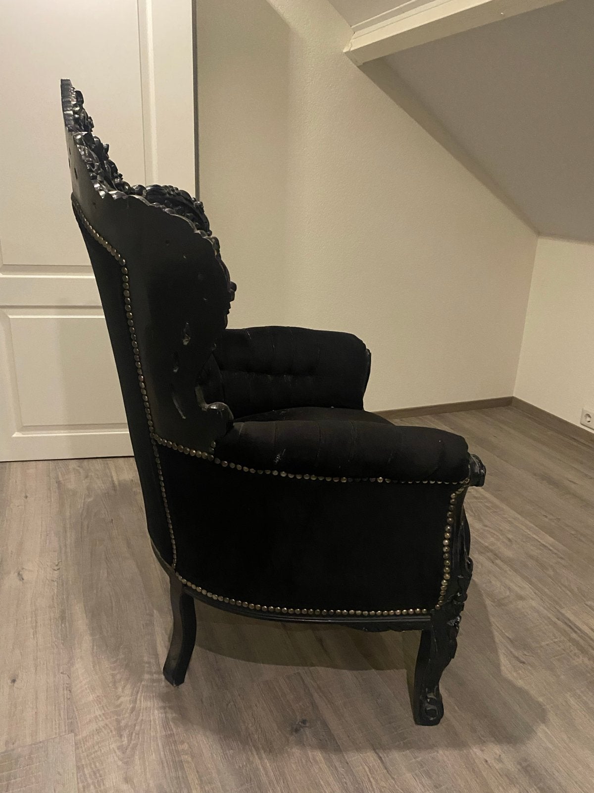 Barokke Zwarte Fauteuil - Fluweel en Hout, Ophalen, Gebruikt, Hout, 75 tot 100 cm