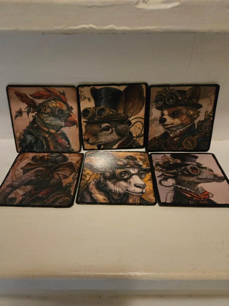 Steampunk Dieren Onderzetters Set van 6, Meerkleurig, Overige materialen, Overige stijlen, Ophalen of Verzenden