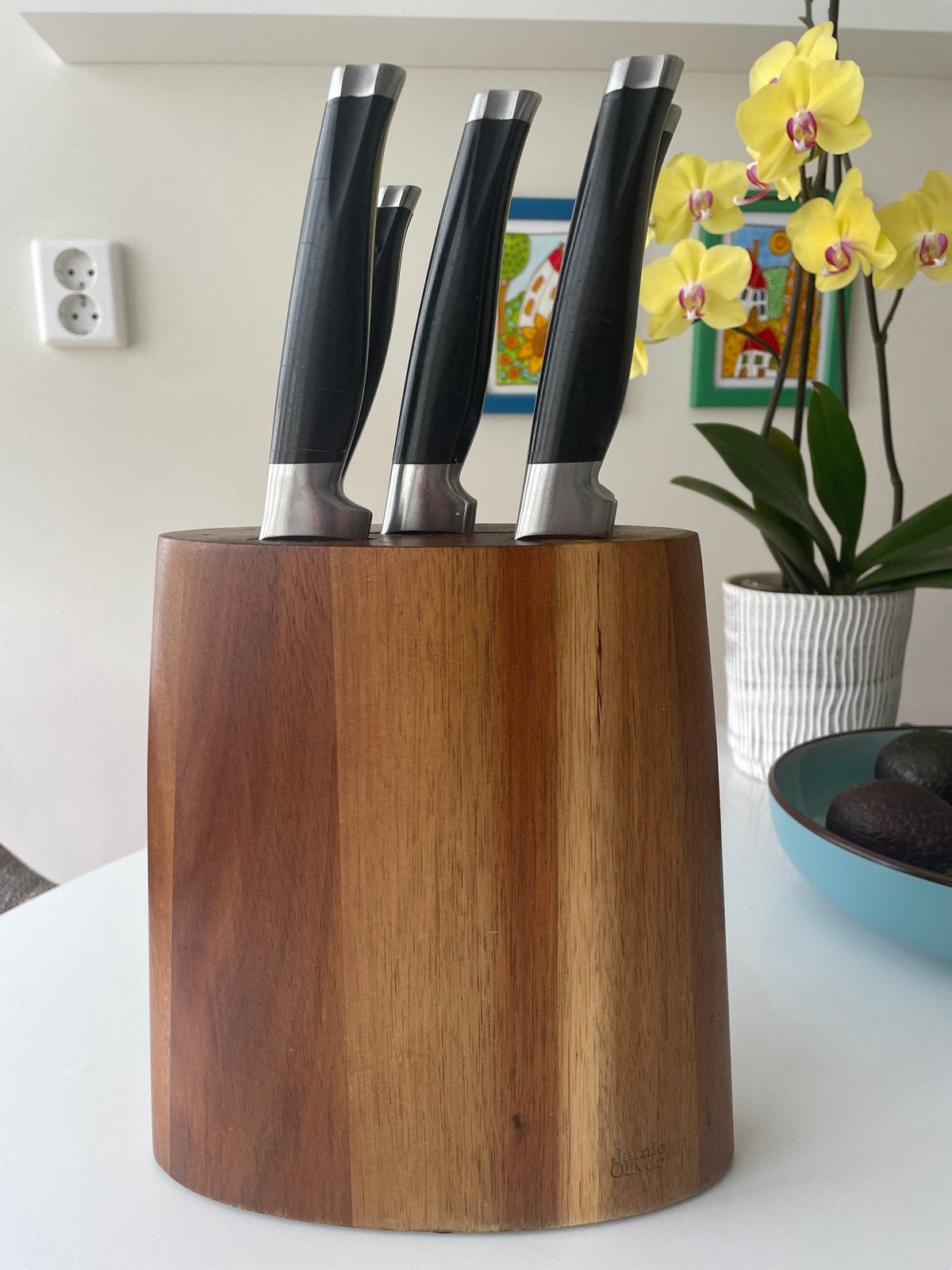 Jamie Oliver Messenset met Houten Blok - 5 Delig, Gebruikt, Los bestek, Ophalen of Verzenden, Rvs of Chroom