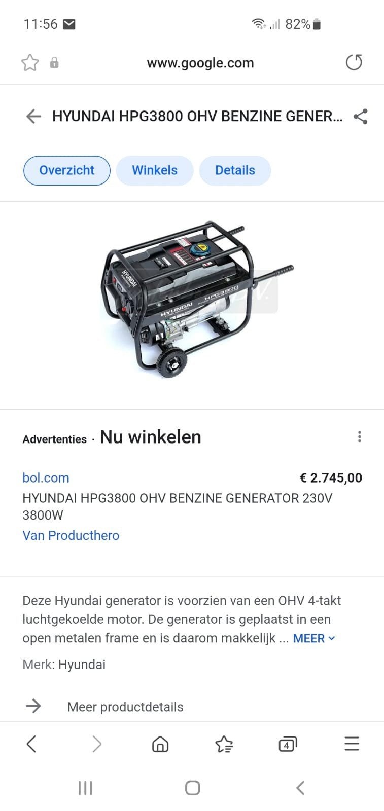 Hyundai HPG3800 OHV Benzine Generator 230V 3800W, Ophalen, Nieuw, 30 kVA of meer, Benzine