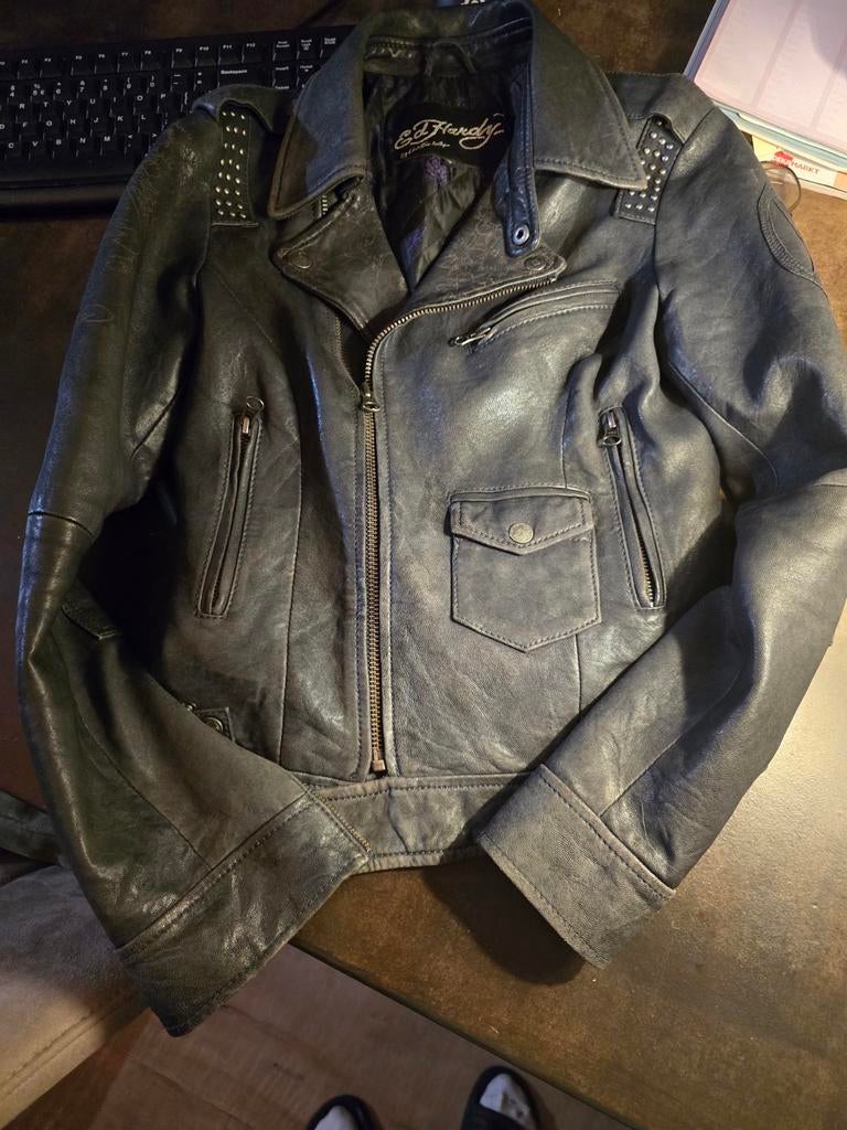 Ed Hardy leren bikerjack met studs, maat S, Kleding | Dames, Jassen | Zomer, Gedragen, Maat 36 (S), Zwart, Ophalen of Verzenden