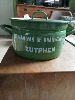 groene emaile pan met reklame tekst erop geemaileerd  27,5, Antiek en Kunst, Ophalen of Verzenden