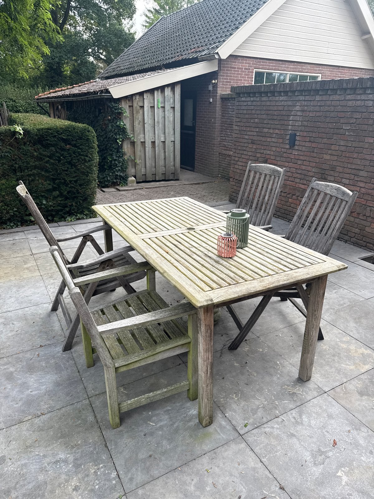 Houten tuinset met 4 stoelen en kussens, Ophalen, 4 zitplaatsen, Gebruikt, Eettafel