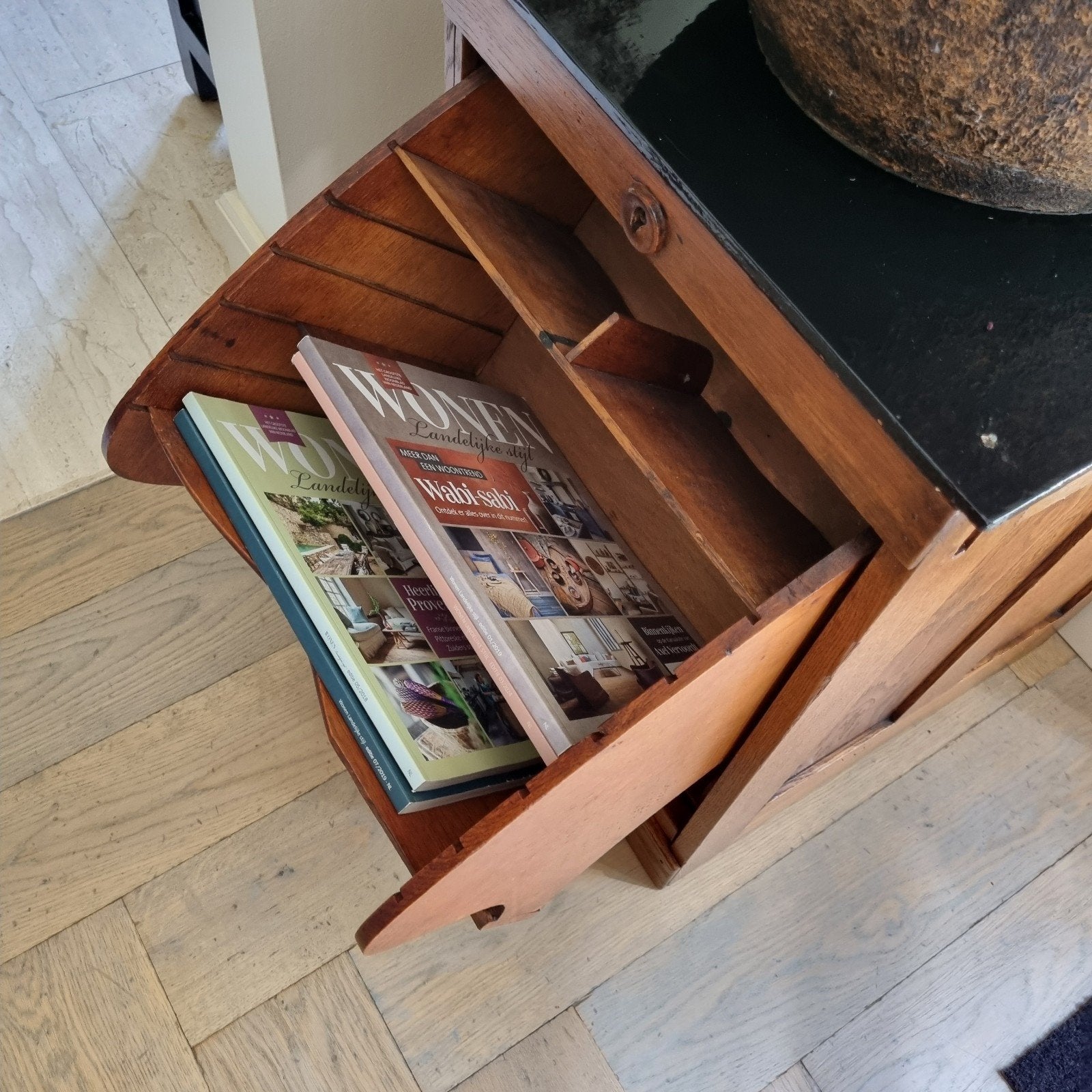 Antieke eiken tijdschriftenbak rolluikkast, met geverfd blad, Ophalen of Verzenden