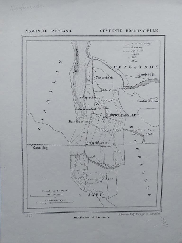 7 / Boschkappele Axel Hengstdijk Litho uit 1865 van J Kuyper, Ophalen of Verzenden