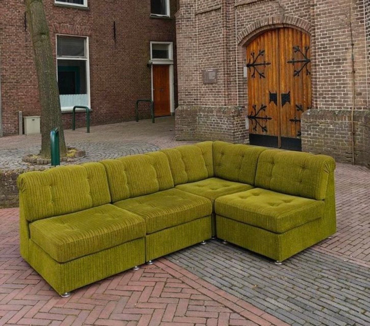 Designer Modulaire Hoekbank - Olijfgroen Ribfluweel, 100 tot 125 cm, Hoekbank, 300 cm of meer, Ophalen of Verzenden