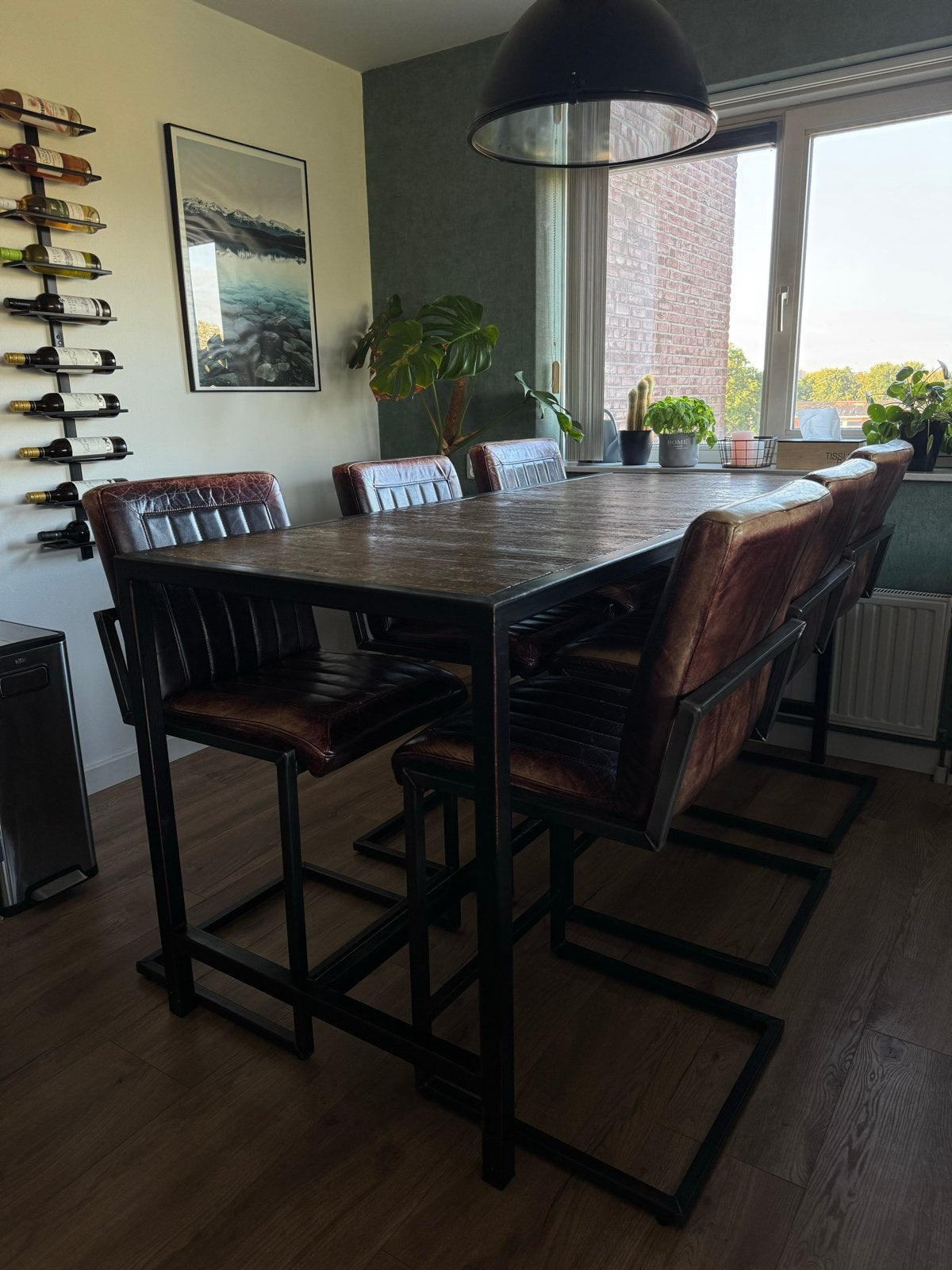 Eetkamertafel van Schiedams scheepshout met 6 stoelen, Ophalen, Gebruikt, 50 tot 100 cm, Vijf personen of meer