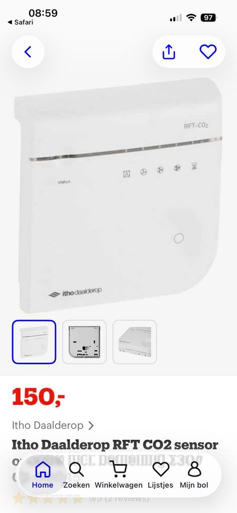 Nieuwe Itho Daalderop RFT CO2-sens wireless nieuw €140, Doe-het-zelf en Verbouw, Ventilatie en Afzuiging, Ophalen of Verzenden
