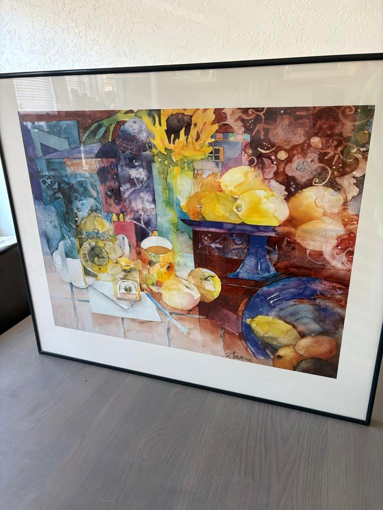 Ingelijste aquarel stilleven met fruit en klok 61x 51 cm., Ophalen of Verzenden