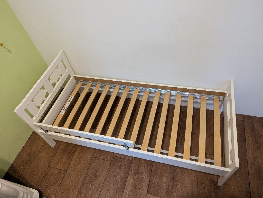 Ikea peuterbed wit Kritter, Ophalen, Gebruikt, 70 tot 85 cm, 140 tot 160 cm