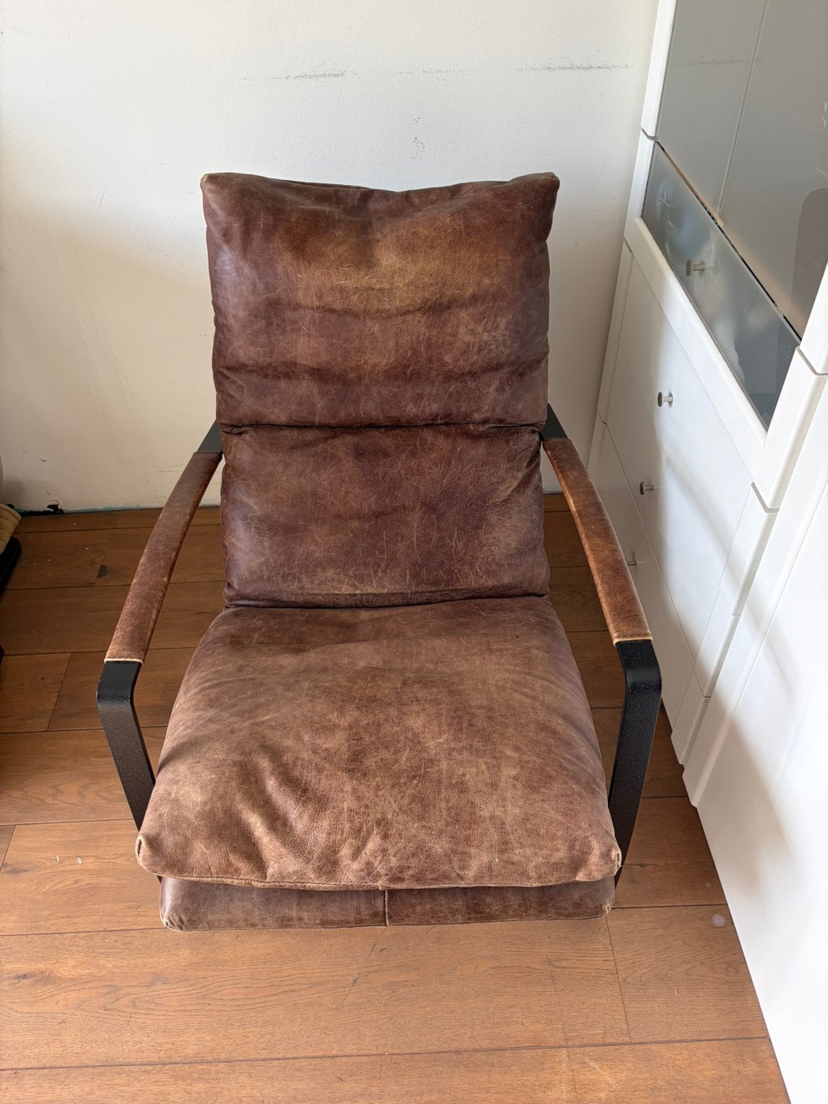 Leren fauteuil bruin, Ophalen, Zo goed als nieuw, Leer, 75 tot 100 cm