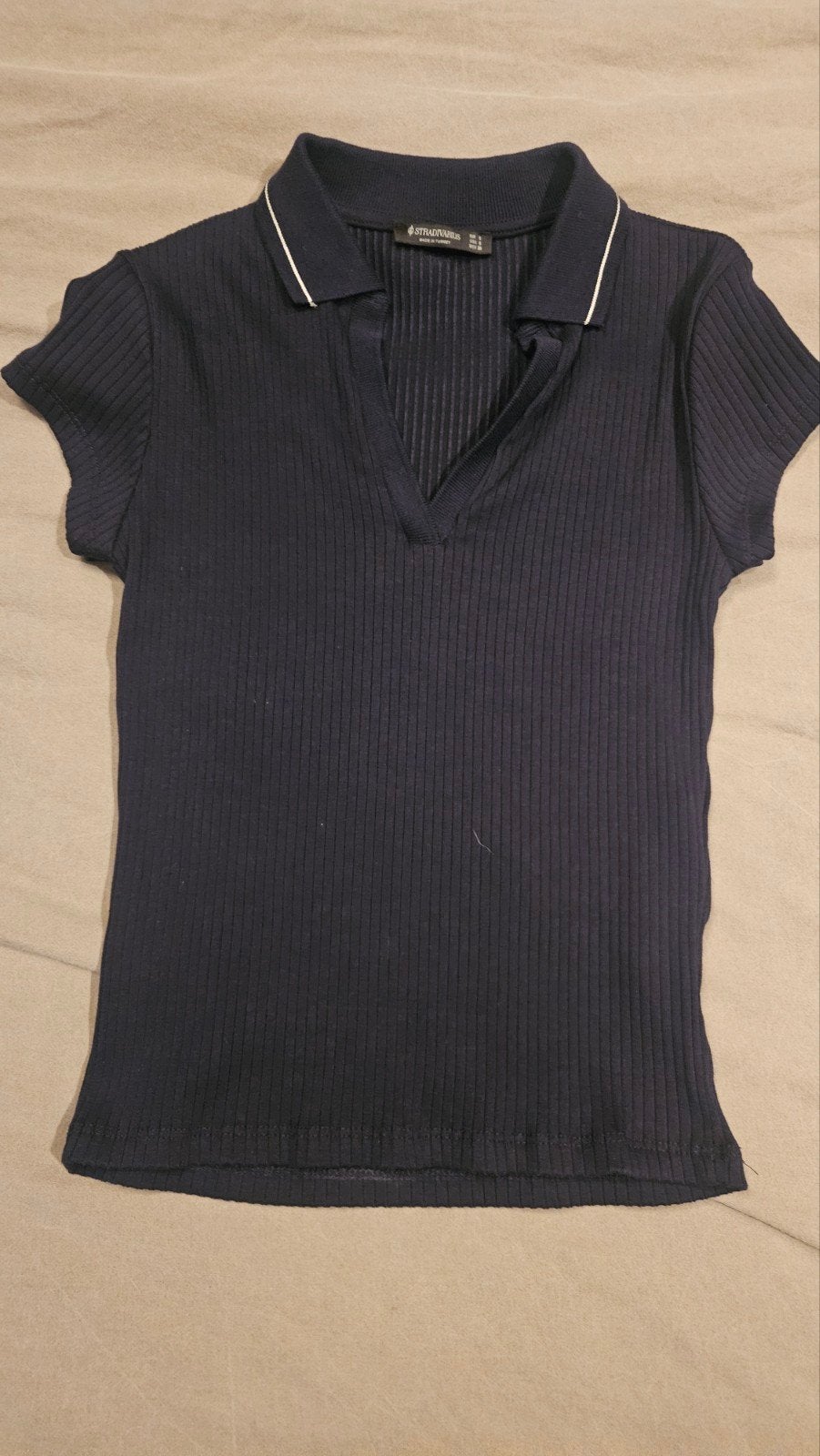 Stradivarius geribbelde polo top met korte mouwen, Zwart, Ophalen of Verzenden, Zo goed als nieuw, Korte mouw