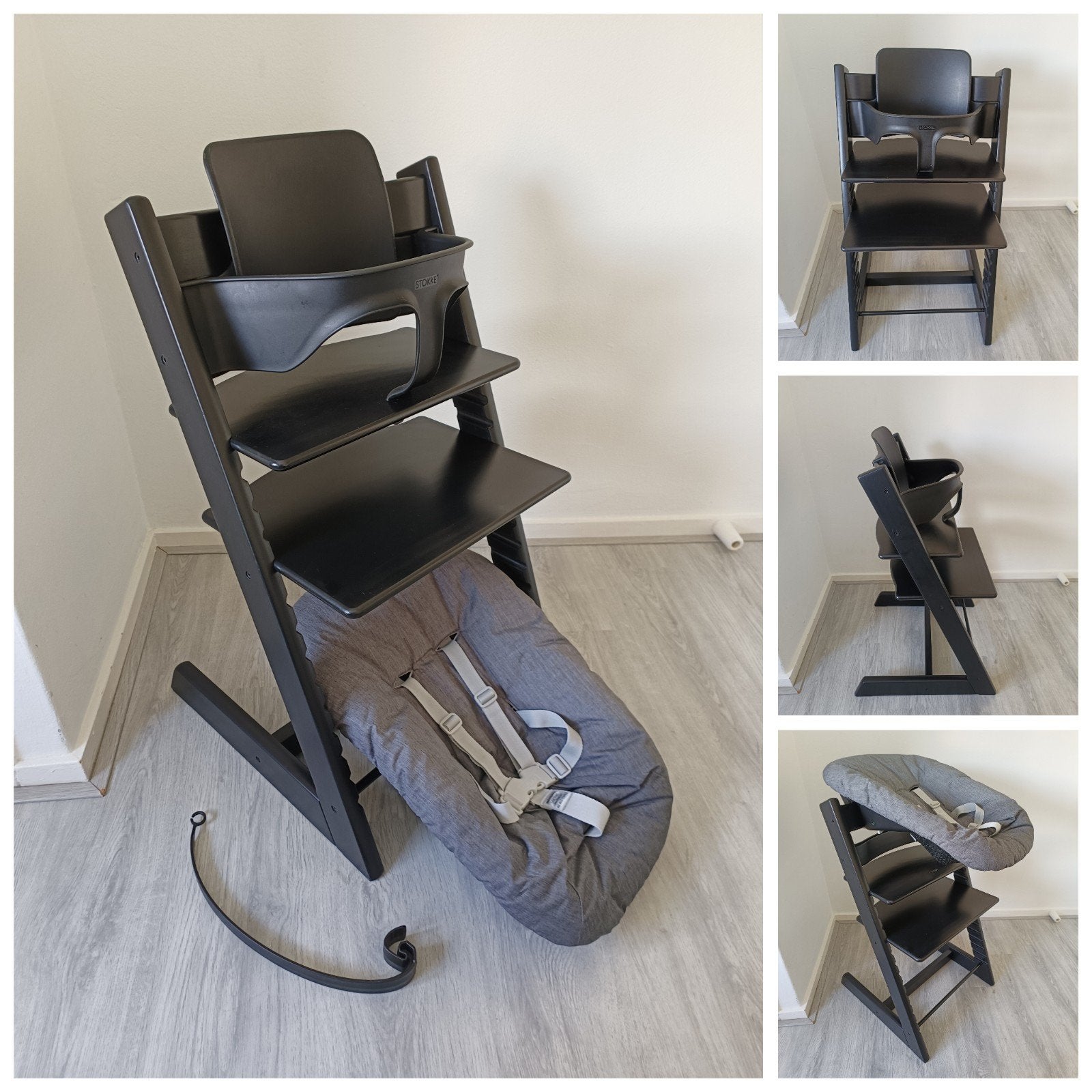 Stokke Tripp Trapp zwart+babyset,2 standen newborn evt. tray, Meegroeistoel, Ophalen of Verzenden, Zo goed als nieuw, Aanschuifbaar