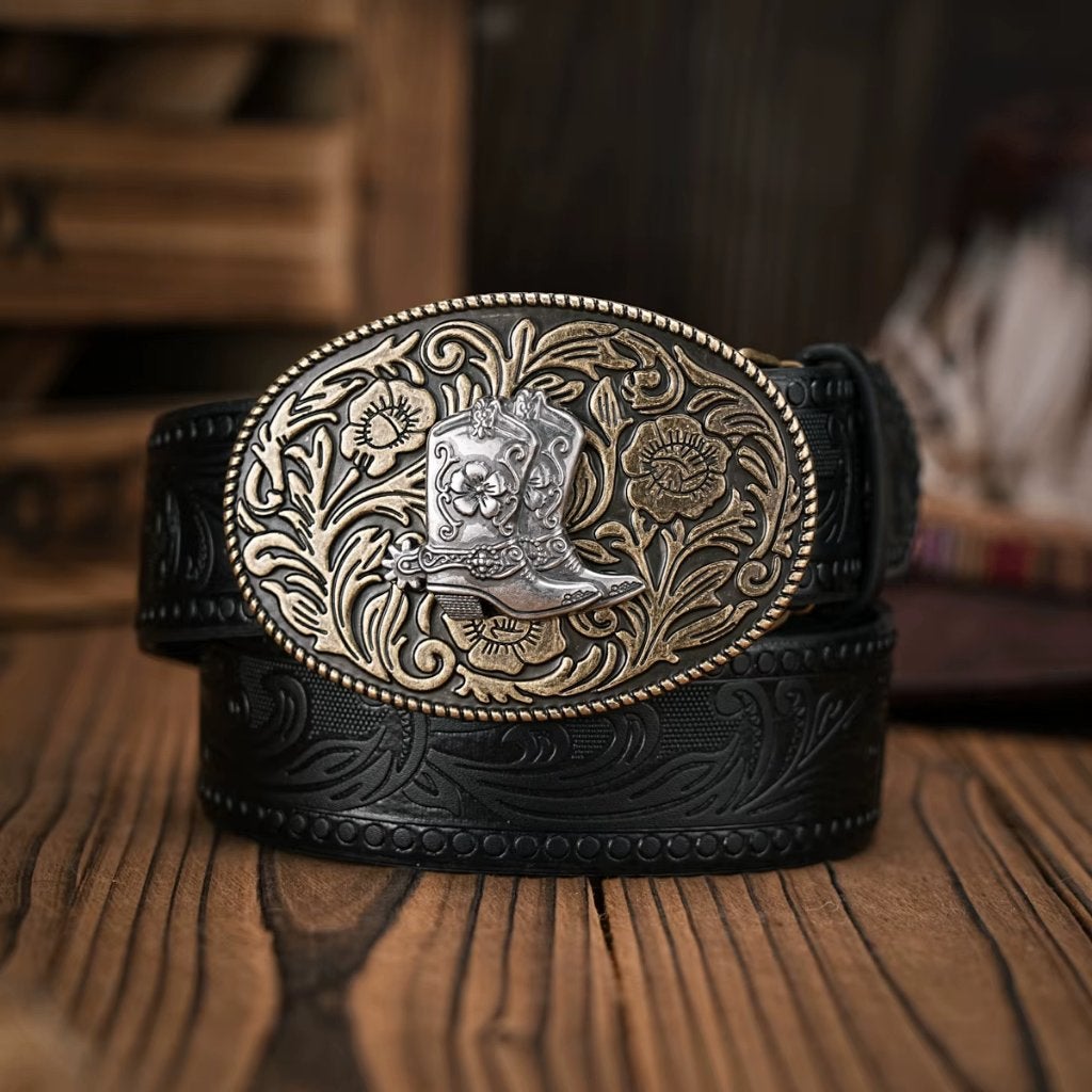 Zwarte kunstleren cowboyriem met cowboy laarzen, Verzenden, Zwart, Nieuw, 115 cm of meer