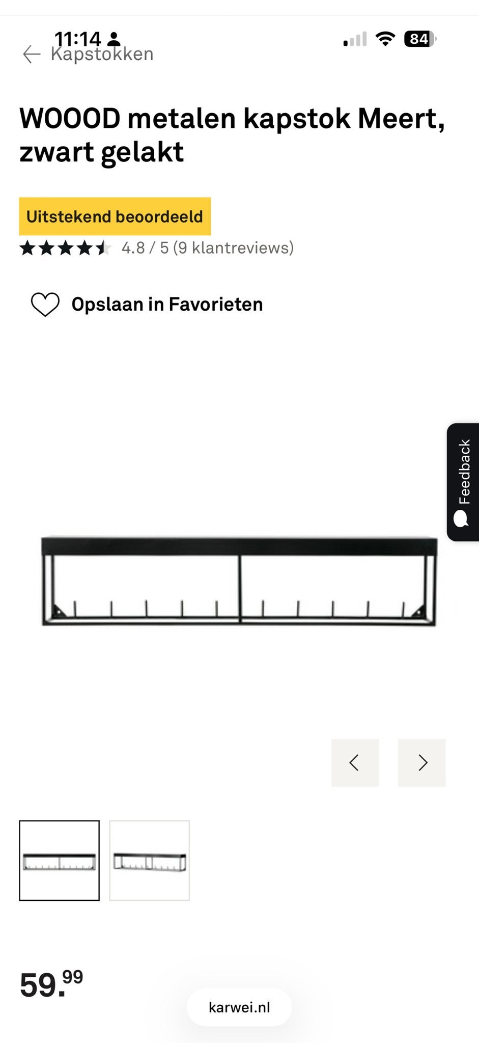 Woood Wandkapstok Meert zwart gelakt metaal, Zo goed als nieuw, Minder dan 100 cm, Metaal, Ophalen