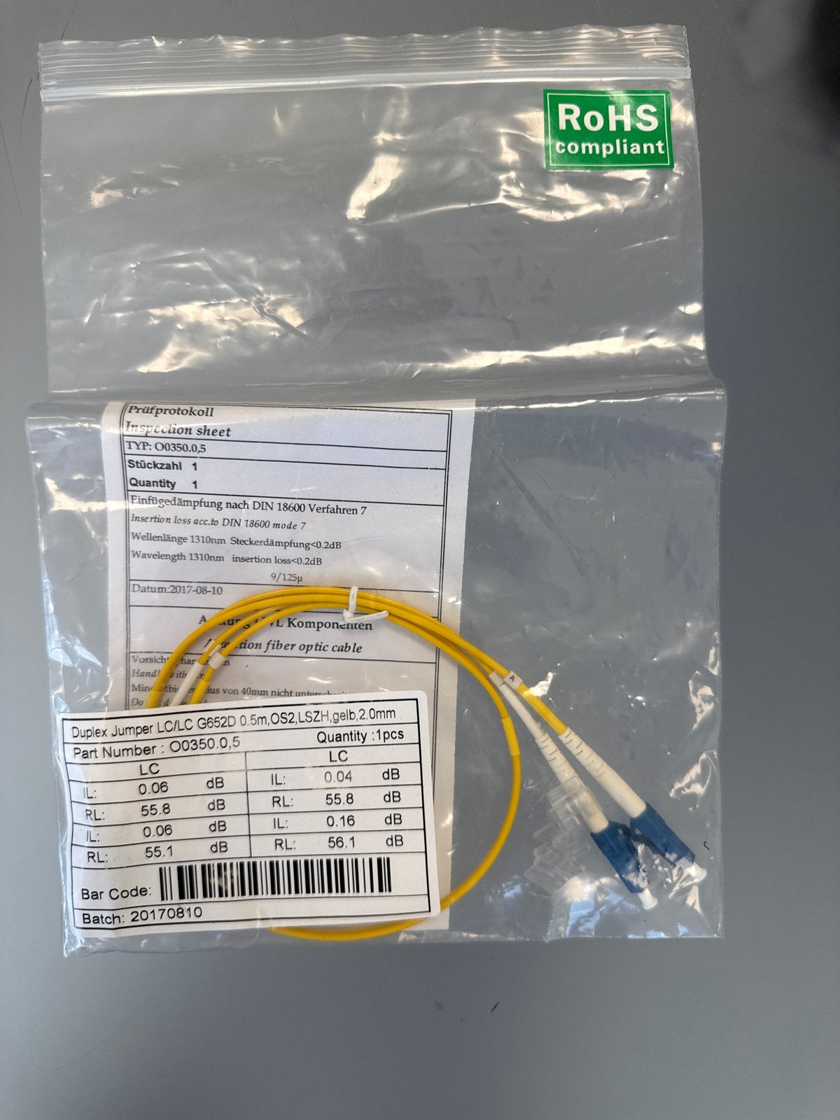 Duplex Jumper LC/LC G652D 0.5m OS2 LSZH glasvezelkabel, Audio, Tv en Foto, Audiokabels en Televisiekabels, Ophalen, Nieuw, Minder dan 2 meter
