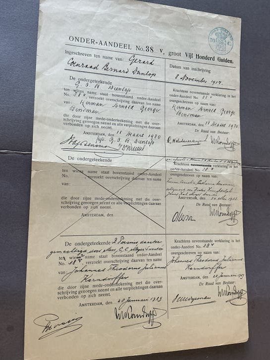 Onder-Aandeel No. 38 V, groot Vijf Honderd Gulden DUNLOP, Verzenden, Voor 1920, Aandeel