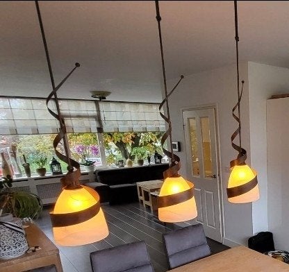 Hanglamp met 3 glazen kelken, staande lamp en plafonnière, Ophalen, Gebruikt, Modern, Sfeervol, Glas
