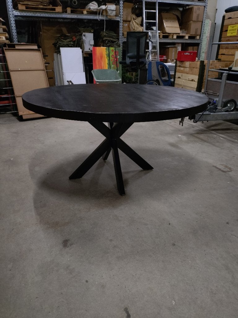 Ronde Mango houten tafel zwart 150 cm, Ophalen, Zo goed als nieuw, Vijf personen of meer, Onbekend