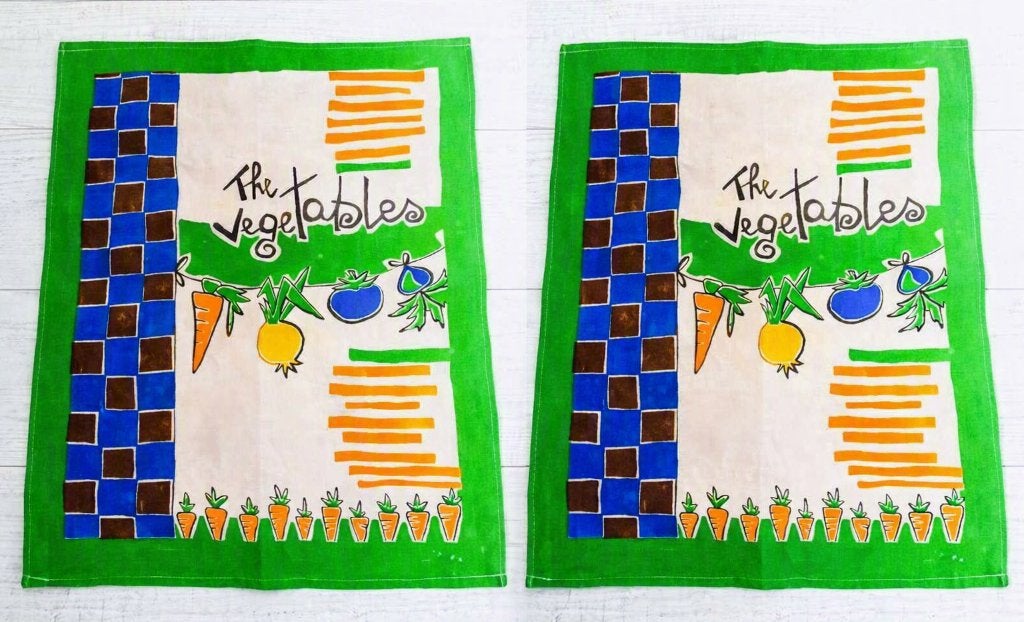 2x Vintage Retro Theedoek "The Vegetables" - ZGAN, Katoen, Wasbaar, Meerkleurig, Zo goed als nieuw