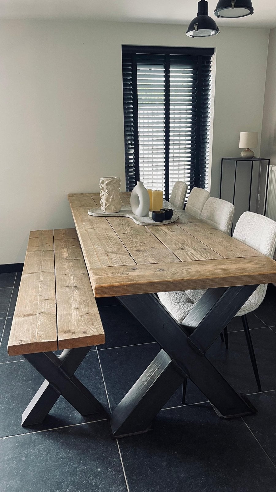 Robuuste eettafel met bank en stoelen, Ophalen, Gebruikt, 200 cm of meer, 50 tot 100 cm