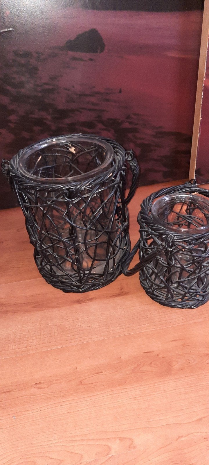 Set van 2 rotan windlichten/lantaarns met glazen inzet, Huis en Inrichting, Ophalen, Windlicht, Zwart, Natuurlijk materiaal
