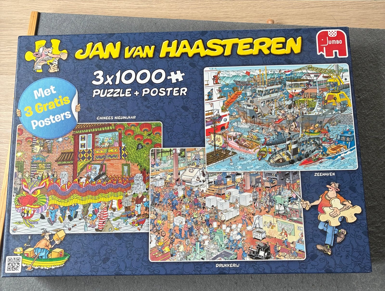 Jan van Haasteren 3x1000+ puzzel met 3 gratis posters, Ophalen of Verzenden, Meer dan 1500 stukjes, Gebruikt, Legpuzzel