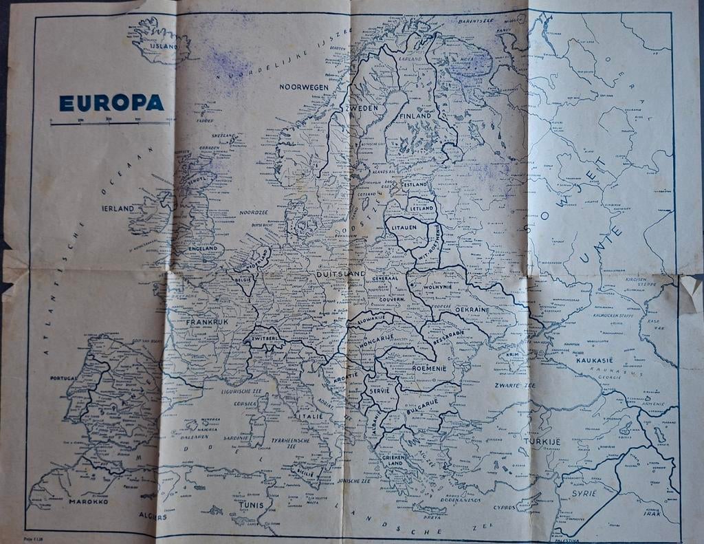 Vintage Landkaart Europa Jaren '40 - 51x65 cm, Gelezen, Landkaart, 1800 tot 2000, Europa Overig