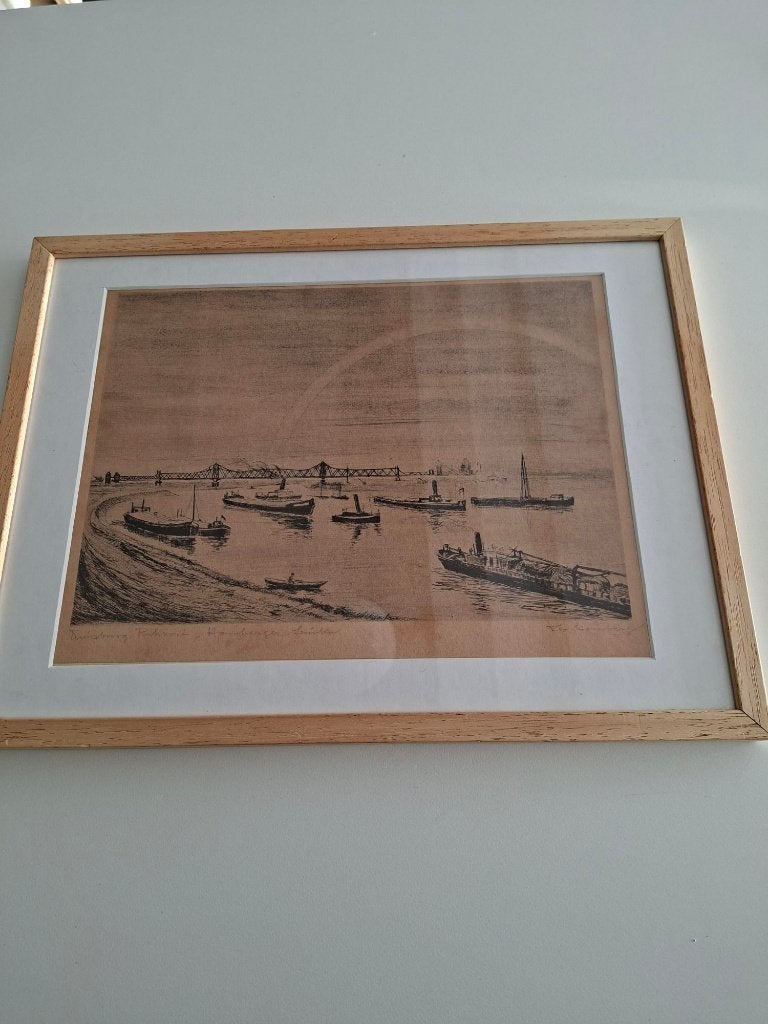 rivier met schepen Duisburg Ruhrort vintage litho kunstwerk, Gesigneerd, Ophalen of Verzenden, Landschappen, Lithografie