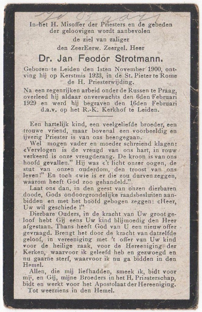 Priester Jan F. Strotmann 1900 Leiden + 1929 Praag, 28 jaar, Verzamelen, Bidprentjes en Rouwkaarten, Verzenden