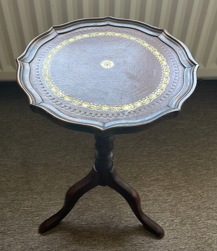 Antiek bijzettafeltje / wijntafel met bruin lederen inleg., Ophalen